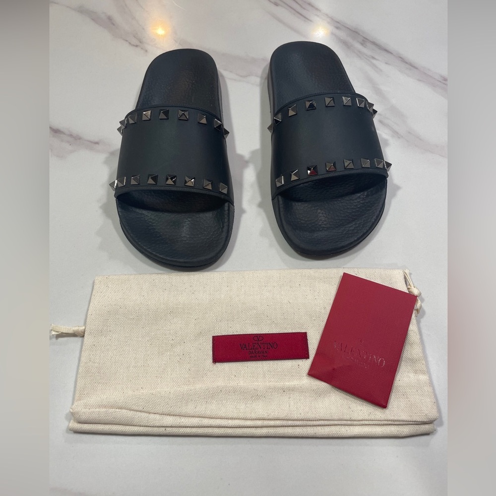Valentino Rock Studs Rubber Slide Sandal Shoes Black Size 39